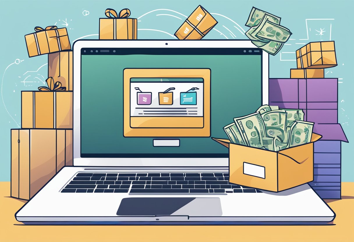 A laptop displaying a dropshipping website with various product images, a shipping box, and a stack of cash, symbolizing the potential profit in dropshipping in 2024