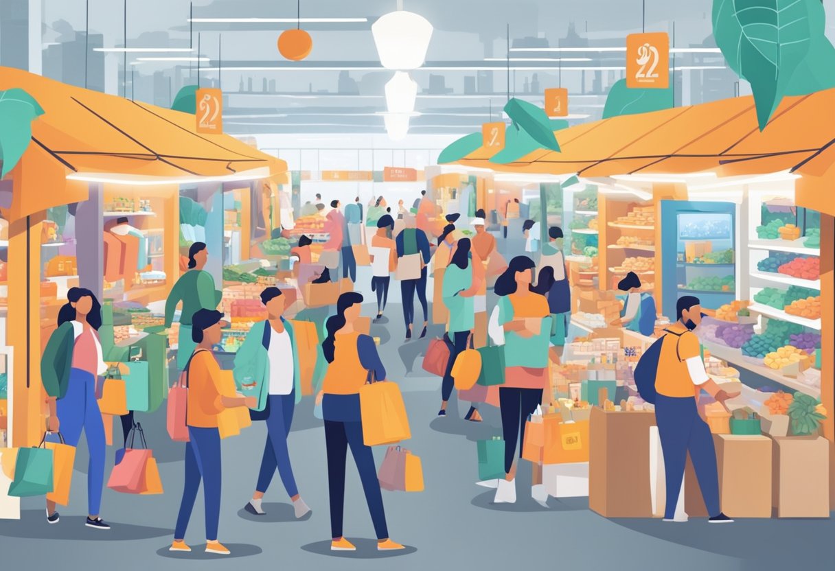 A bustling marketplace with various products on display, a crowd of potential customers browsing, and a prominent sign asking "Is it worth investing in dropshipping in 2024?"