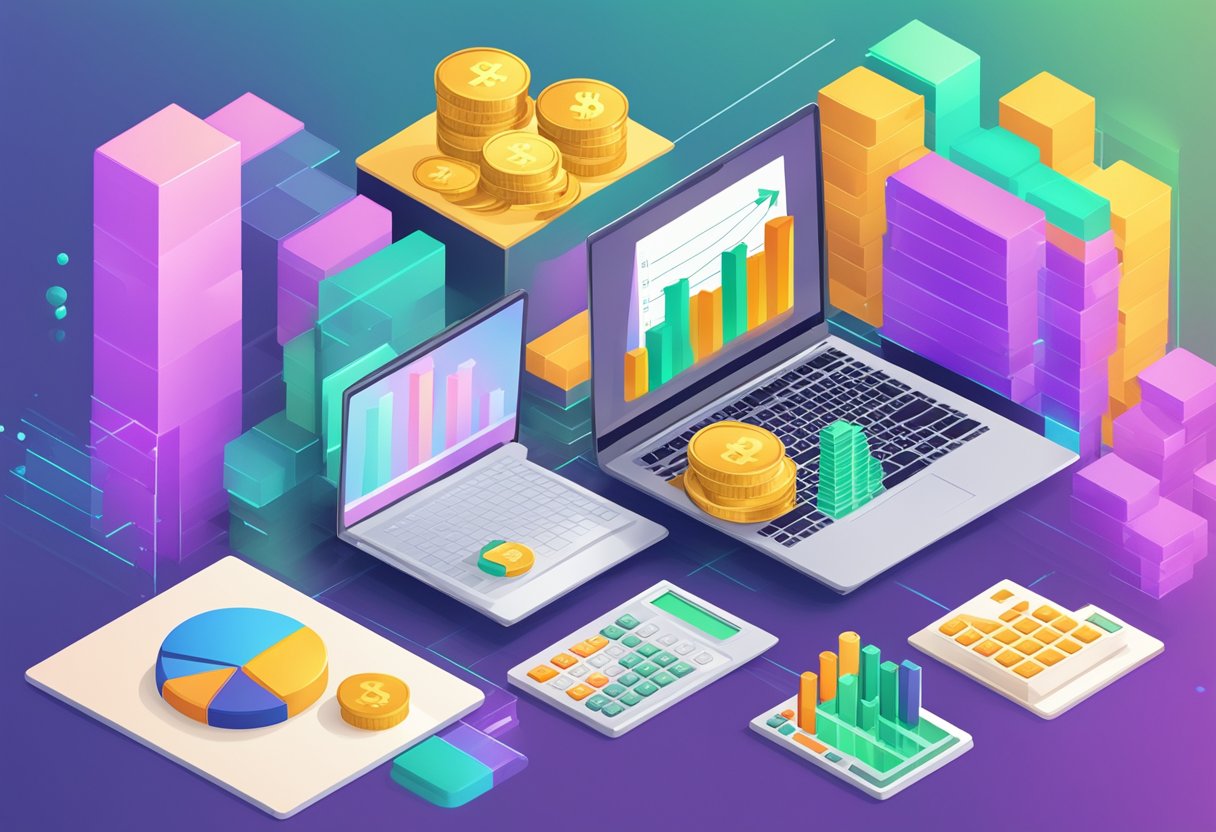 A laptop displaying a graph of increasing profits from dropshipping in 2024. A stack of cash and a calculator sit beside it