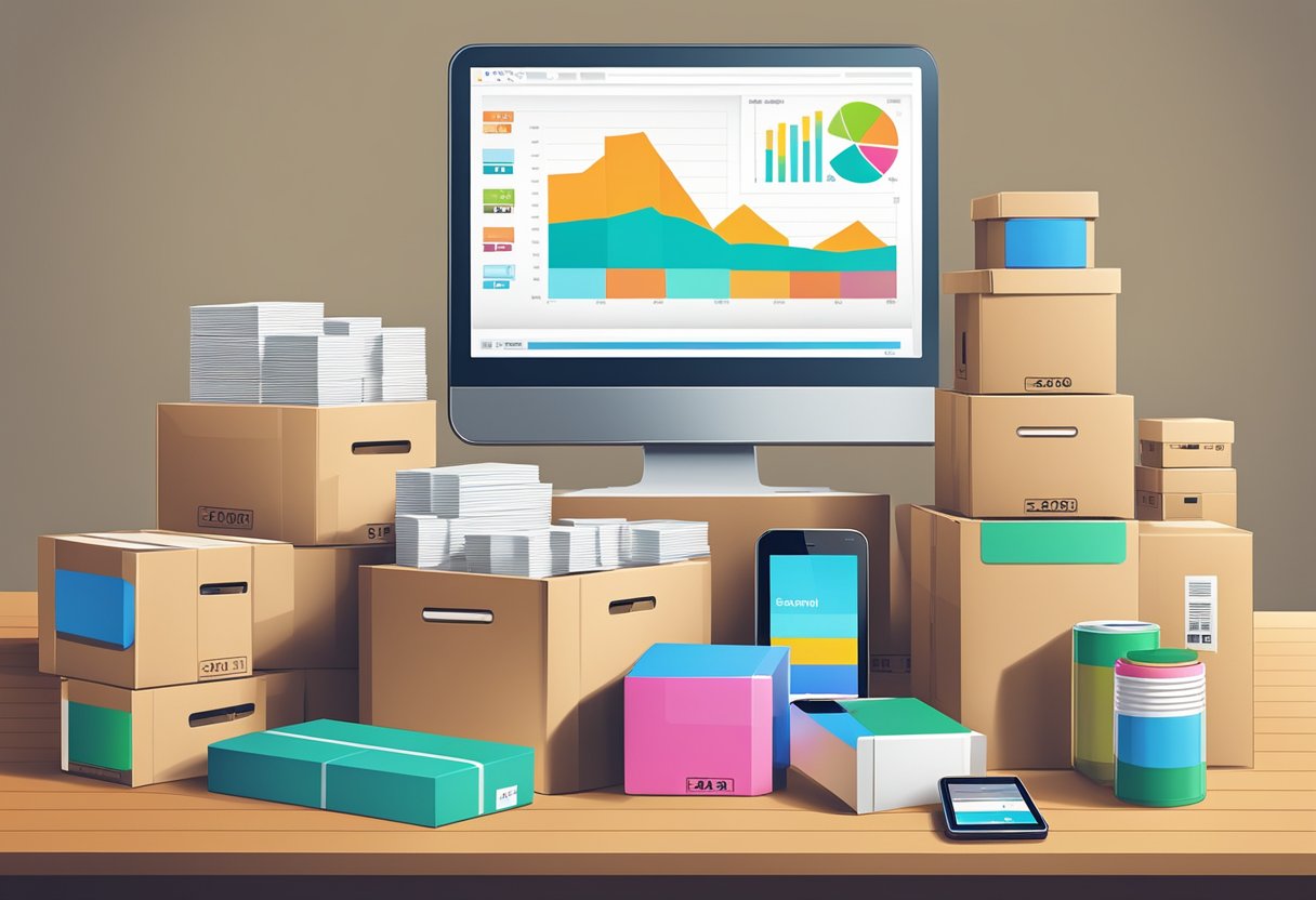 A stack of shipping boxes labeled with various product names, surrounded by a computer, a smartphone, and a tablet displaying sales data and graphs