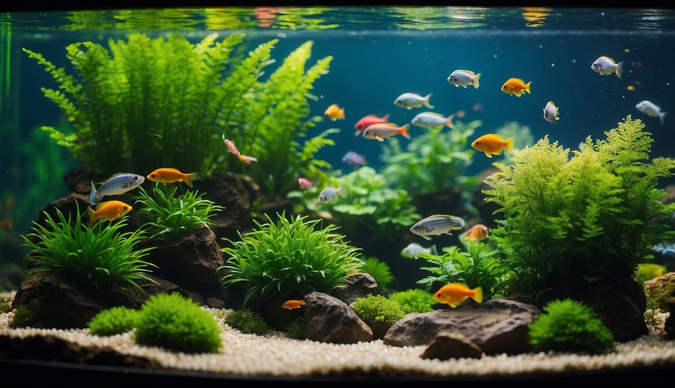 Lush green plants thriving in clear fish tank water, surrounded by colorful fish swimming gracefully