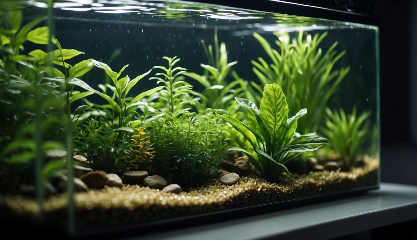 Lush green plants thriving in fish tank water, vibrant and healthy. Water droplets cling to the leaves, showcasing the benefits of using fish tank water for plant growth