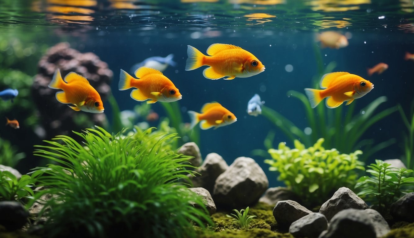 Lush green plants thriving in clear fish tank water, surrounded by bubbling air stones and a variety of colorful fish swimming gracefully