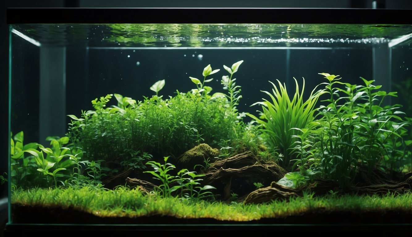Lush green plants thriving in a clear fish tank filled with water. Roots reaching down into the water, absorbing nutrients and thriving in the aquatic environment