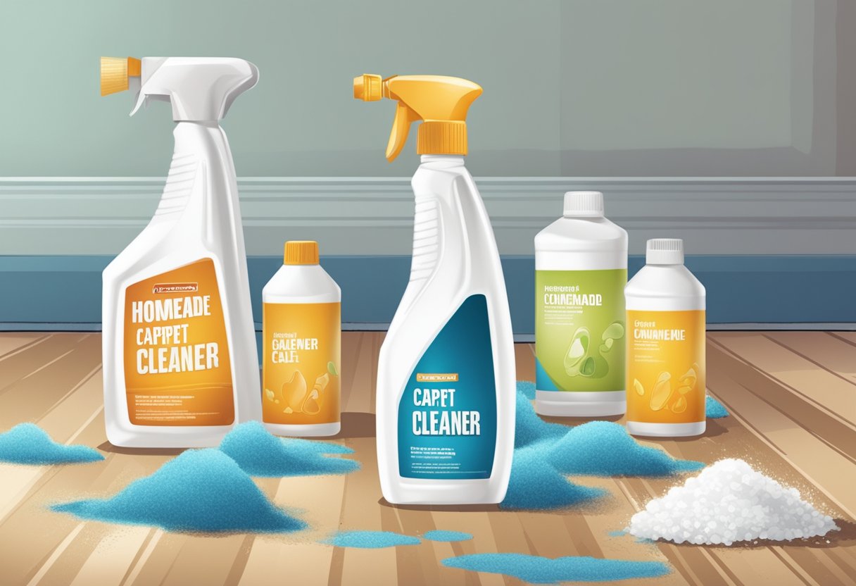 A bottle of homemade carpet cleaner next to a commercial cleaner, surrounded by dirty footprints on a stained carpet