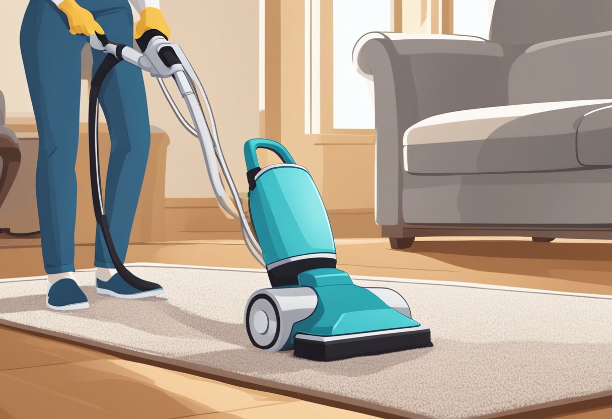 A homemade carpet cleaner sprays solution onto a stained rug, while a powerful vacuum extracts dirt and grime, leaving the carpet looking fresh and clean