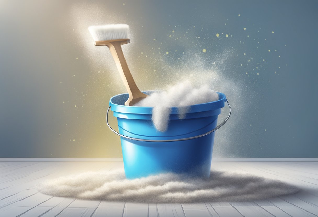 A bucket filled with soapy water, a scrub brush, and a stained carpet. A person using the brush to vigorously scrub the carpet, with foam and dirt flying off