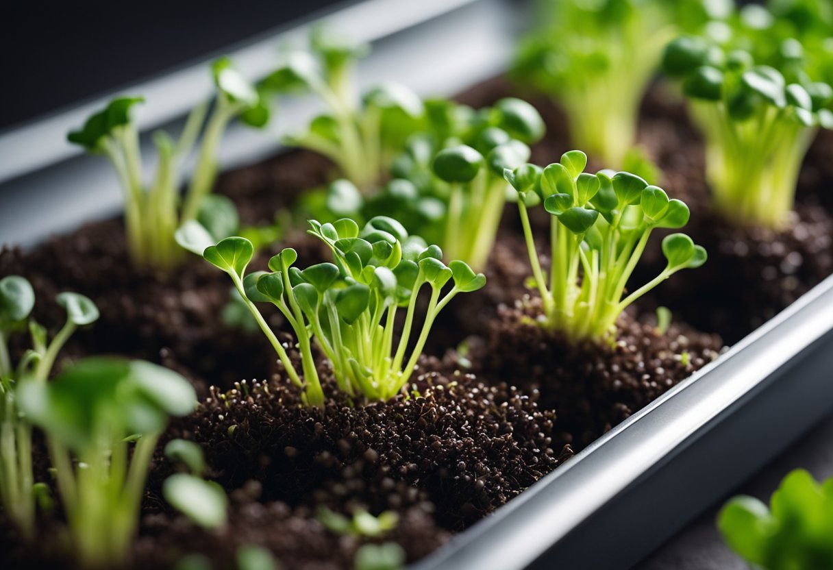 Vibrant broccoli microgreens sprout from a small tray, reaching towards the light with delicate green leaves and tender stems