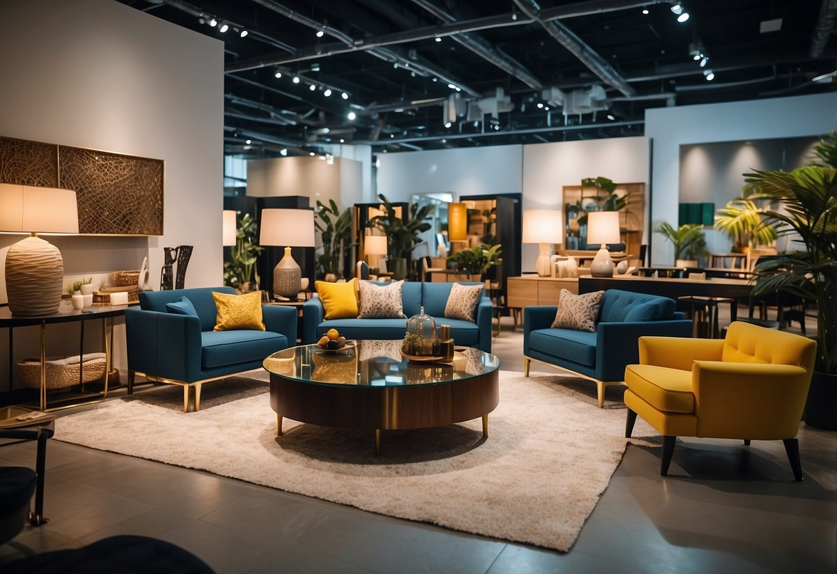 A bustling furniture showroom in Singapore, with vibrant displays and big sale signs. Customers browse through the wide selection of modern and traditional pieces