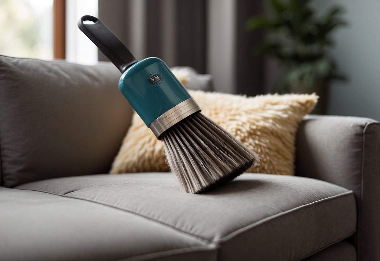 A furry couch with a roller brush removing pet hair