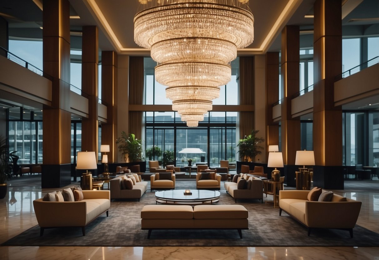 Luxurious hotel lobby with modern furniture, elegant sofas, and sleek coffee tables. A grand chandelier hangs from the ceiling, casting a warm glow over the space