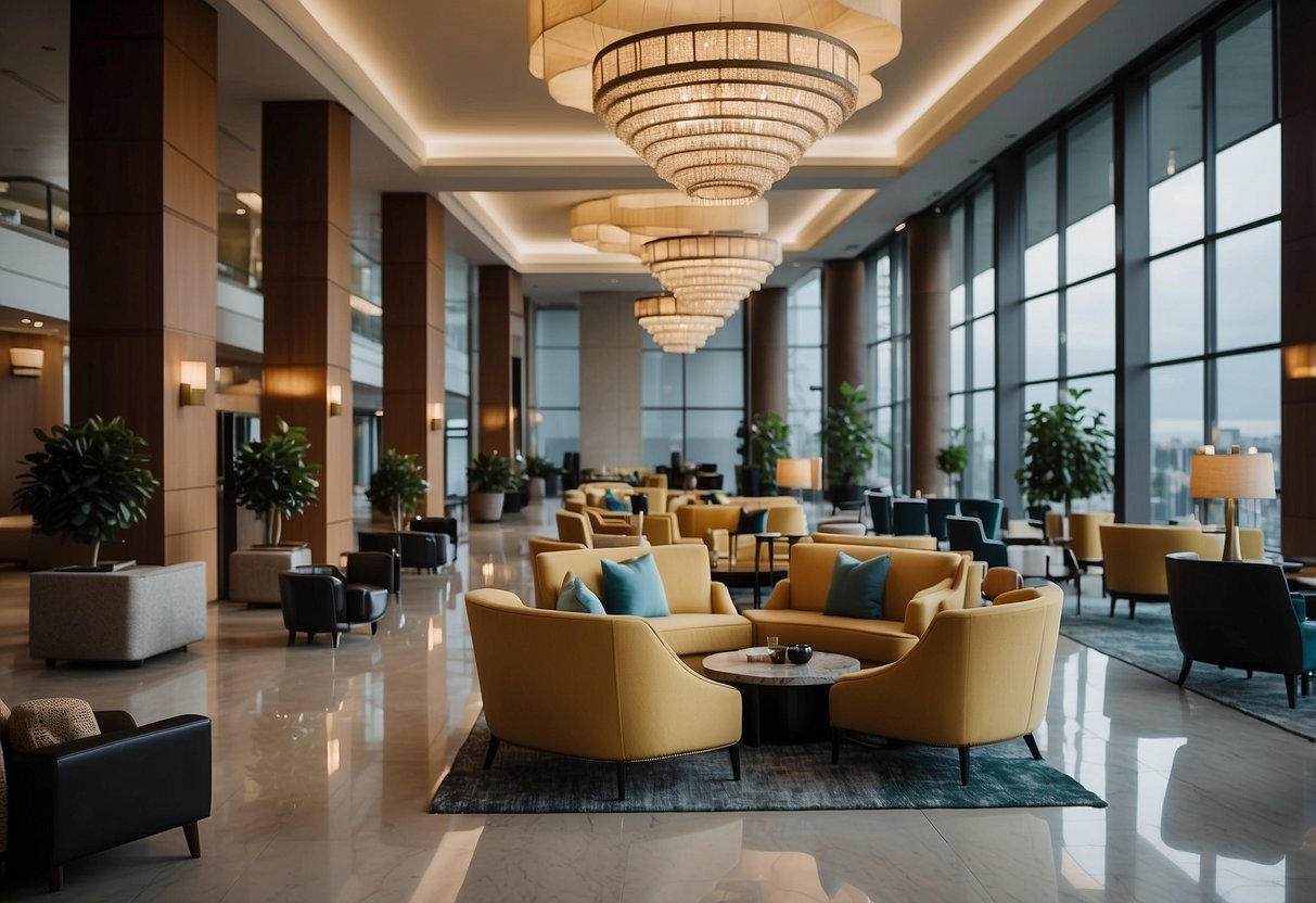 A hotel lobby with modern, comfortable furniture arranged in a welcoming and spacious layout. The color scheme is neutral with pops of vibrant accents