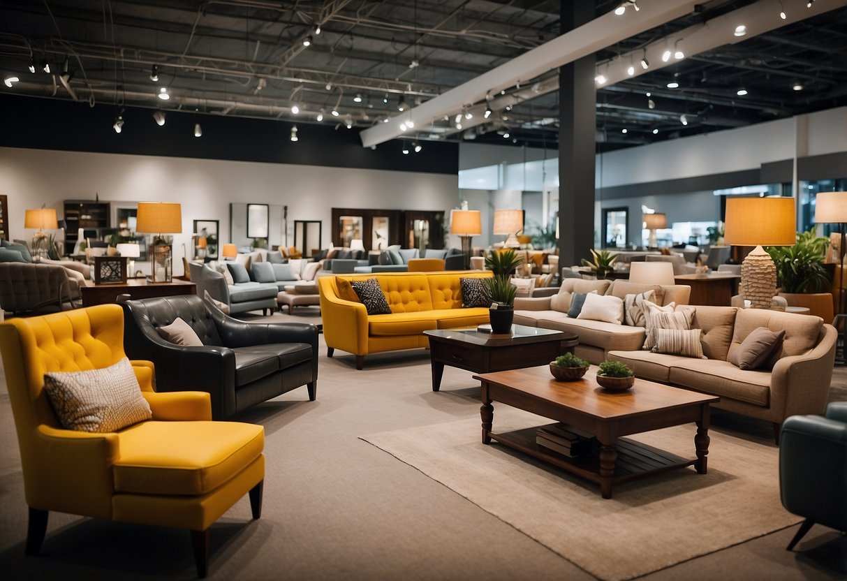 A bustling furniture showroom with vibrant displays and bold sale signs. Customers eagerly browse through the wide selection of discounted furniture