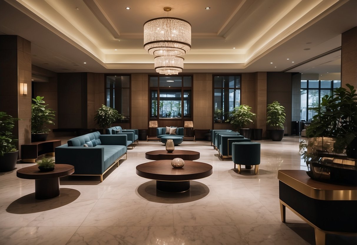 A hotel lobby with modern, sleek furniture arranged for optimal space usage and comfort