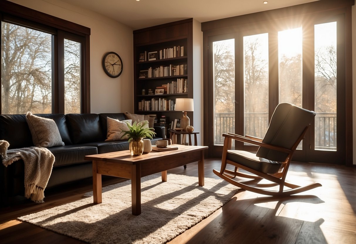 A cozy living room with a black oak wood coffee table, bookshelf, and rocking chair. Sunlight streams through the window, casting warm shadows on the rich, polished wood