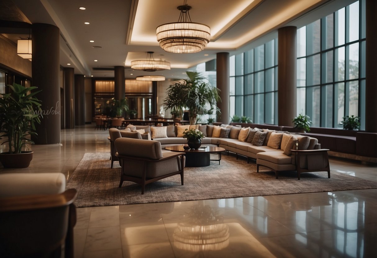 A hotel lobby with modern, comfortable furniture arranged in an inviting and organized manner. The space is well-lit with a warm and welcoming ambiance