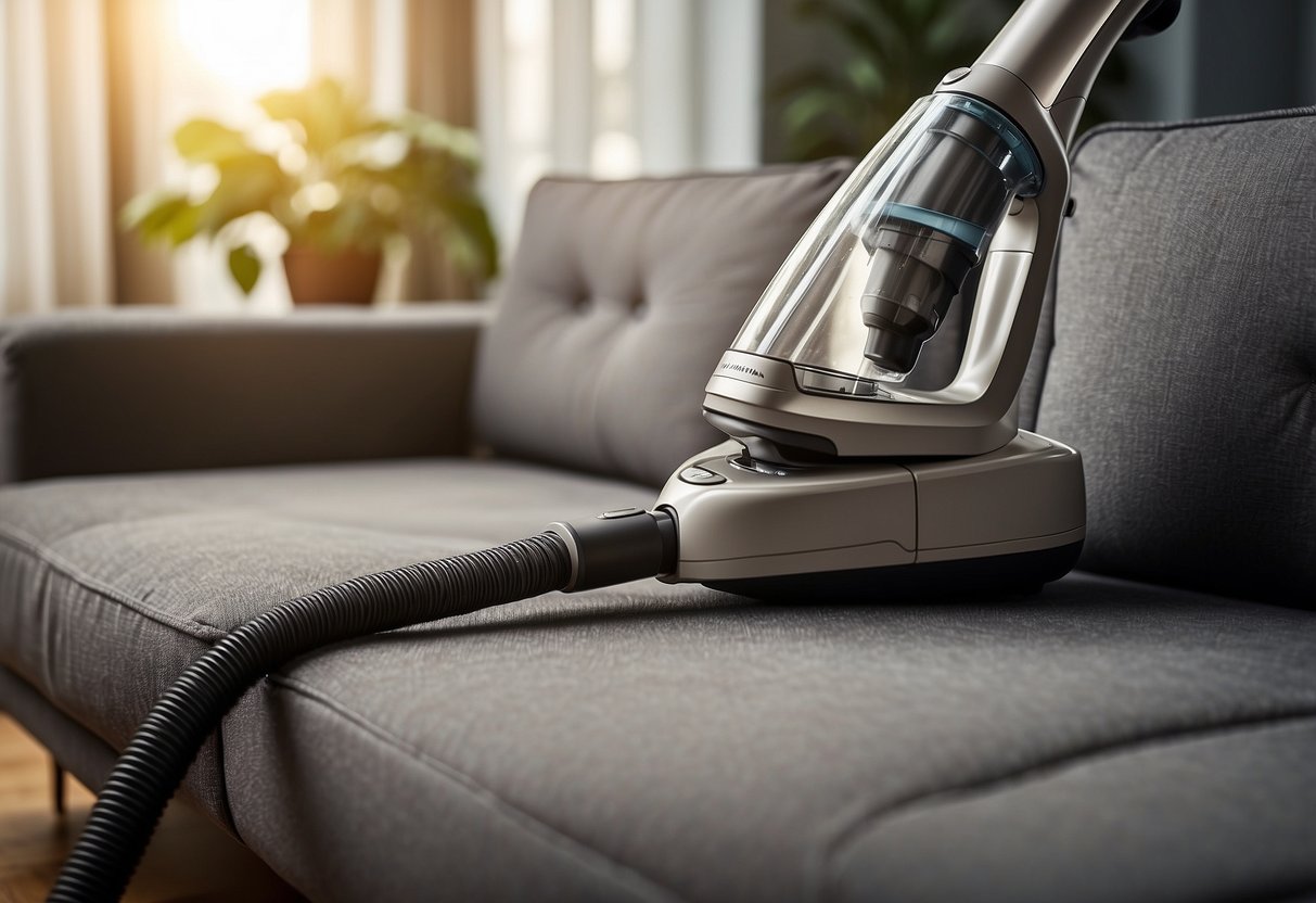 A vacuum cleaner with a pet hair attachment gliding over a sofa, removing stray hairs effortlessly