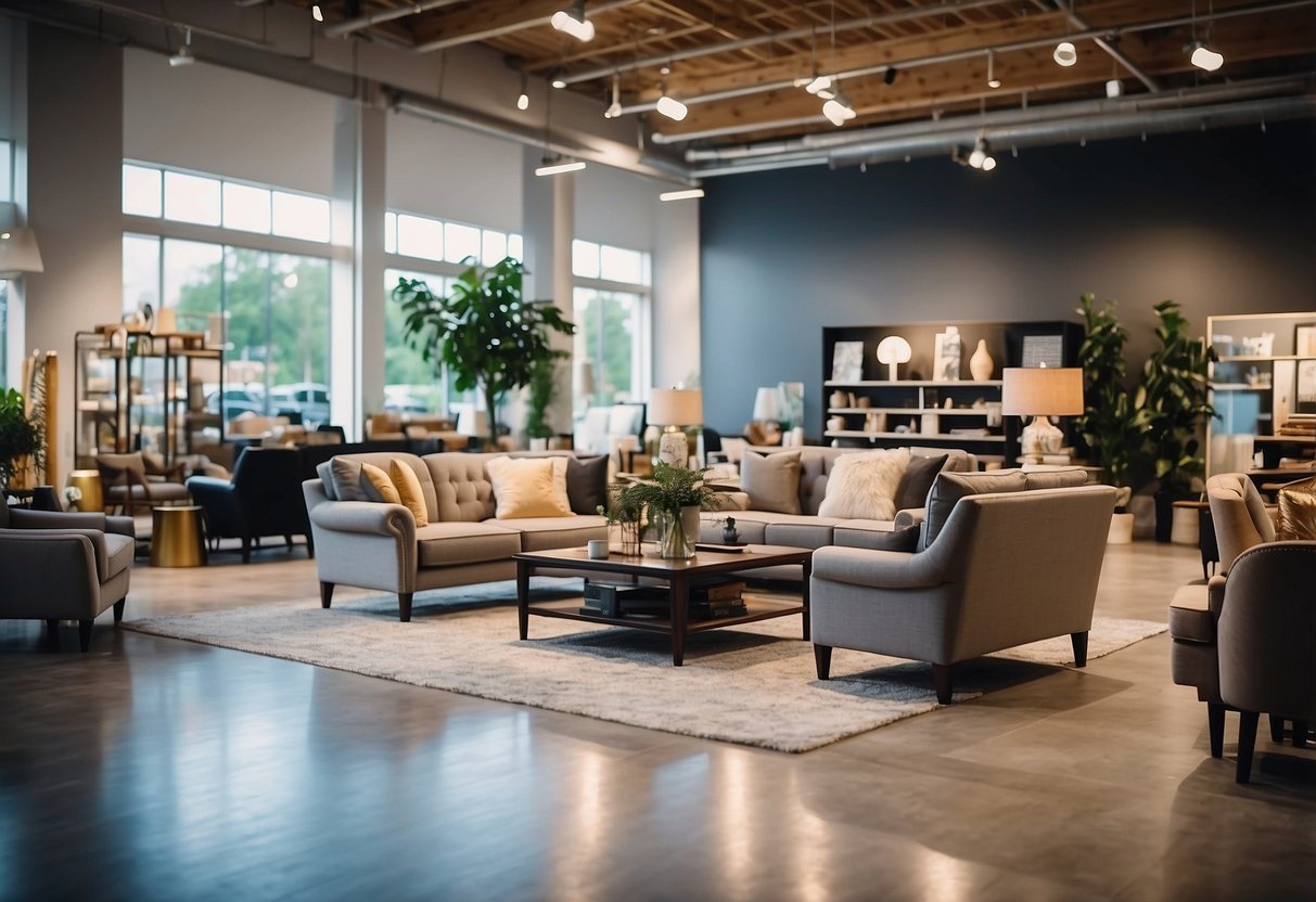 A spacious furniture showroom with modern designs, bright lighting, and clear aisle displays. Sale signs and attractive price tags are visible throughout the store