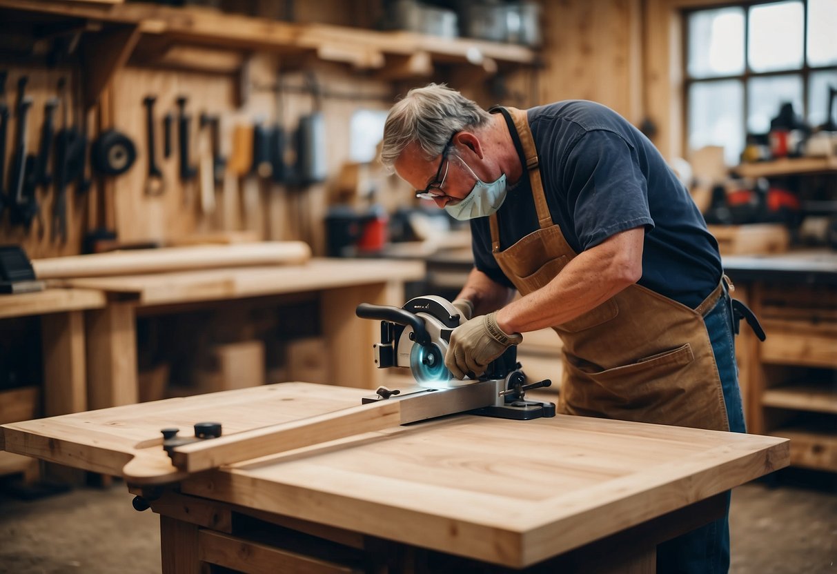 A woodworking workshop with Black Oak furniture being crafted. Saws, sanders, and clamps are in use, while finished pieces are displayed