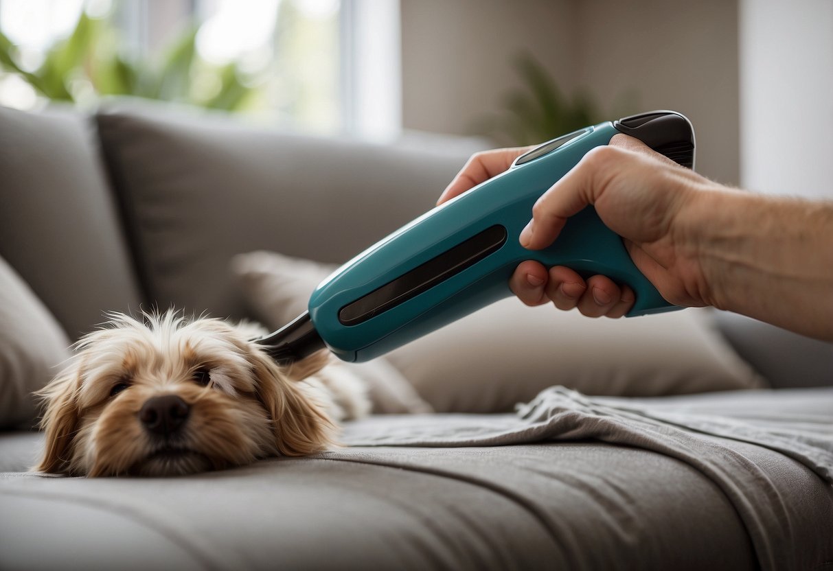 A hand-held pet hair remover gliding over a sofa, lifting and collecting pet hair, with a satisfied pet lounging nearby