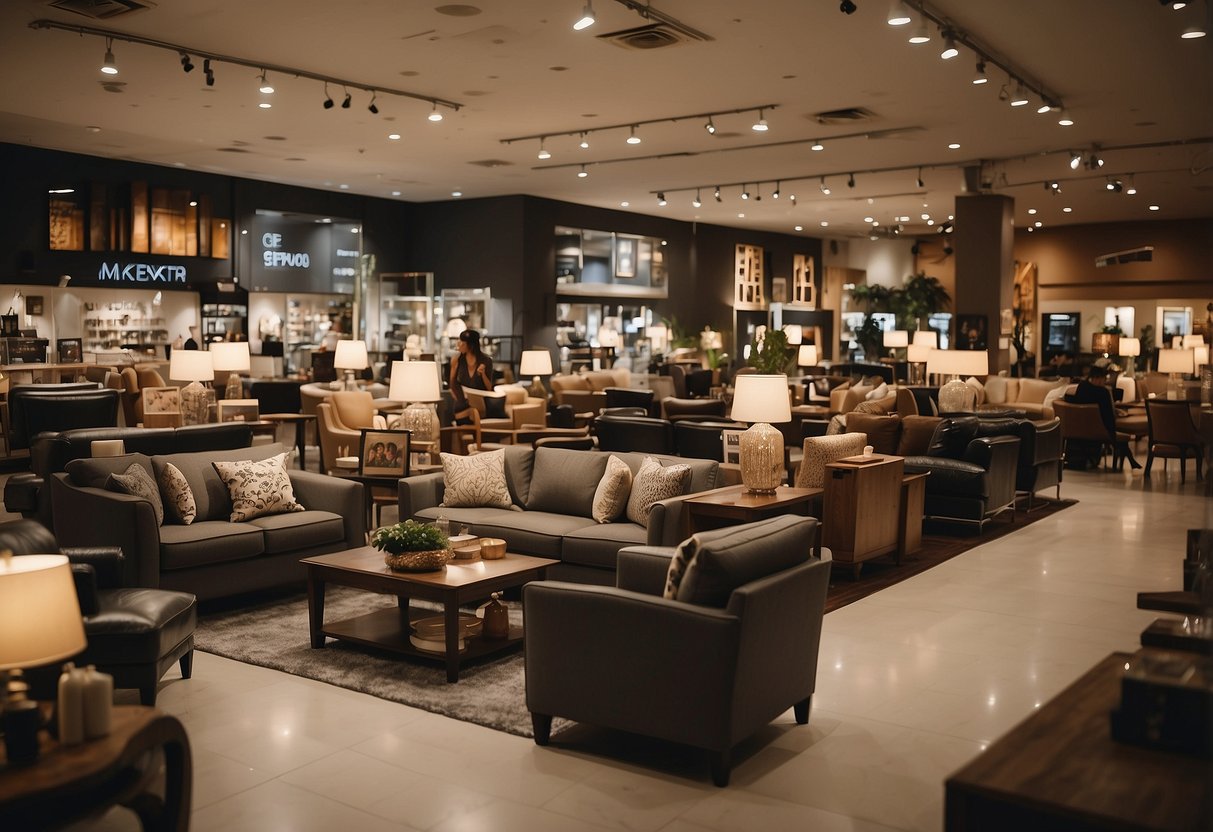 A crowded furniture store with large sale signs, customers browsing, and staff assisting