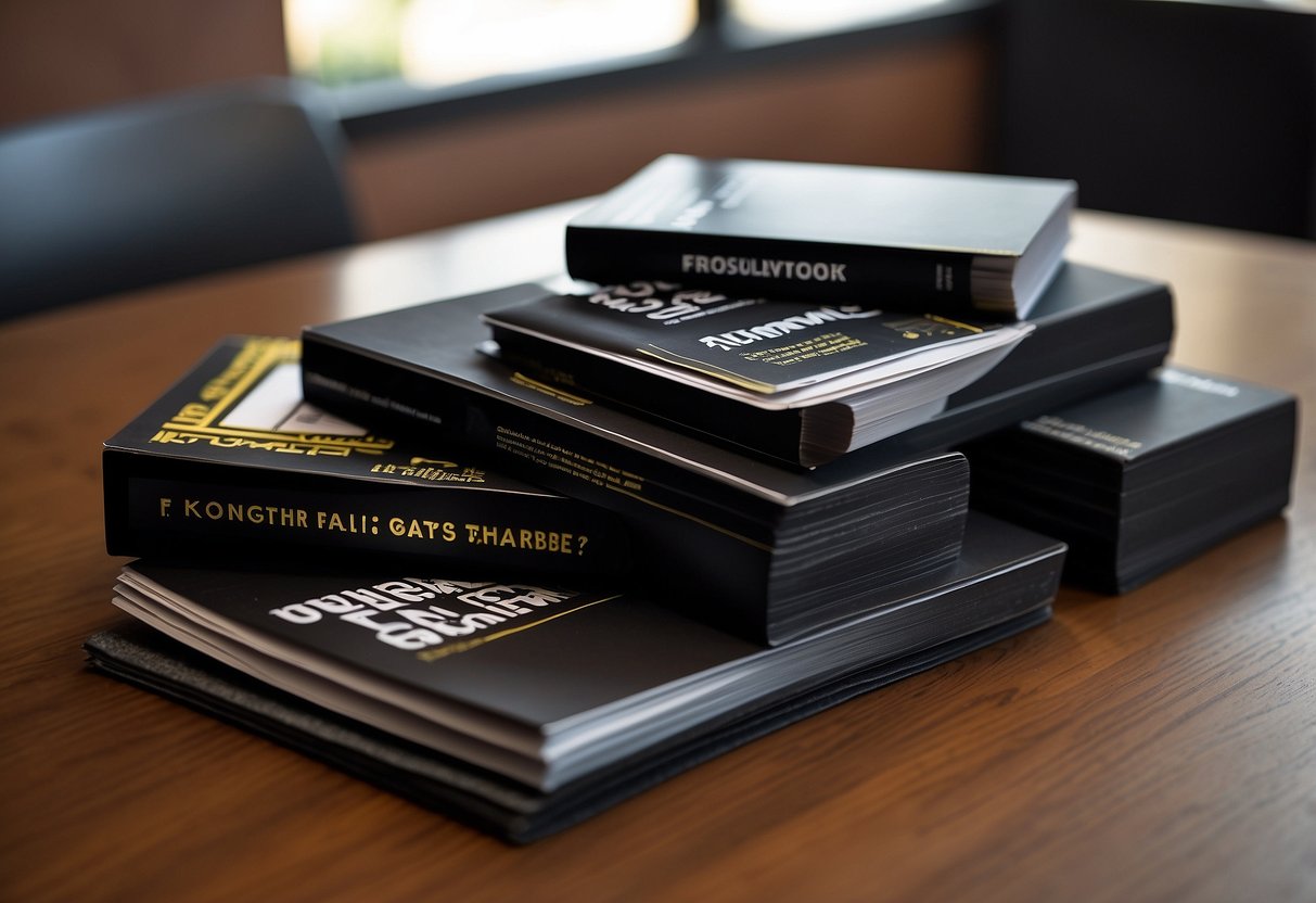 A sleek, modern black oak wood table surrounded by matching chairs, with a stack of brochures labeled "Frequently Asked Questions" on the table