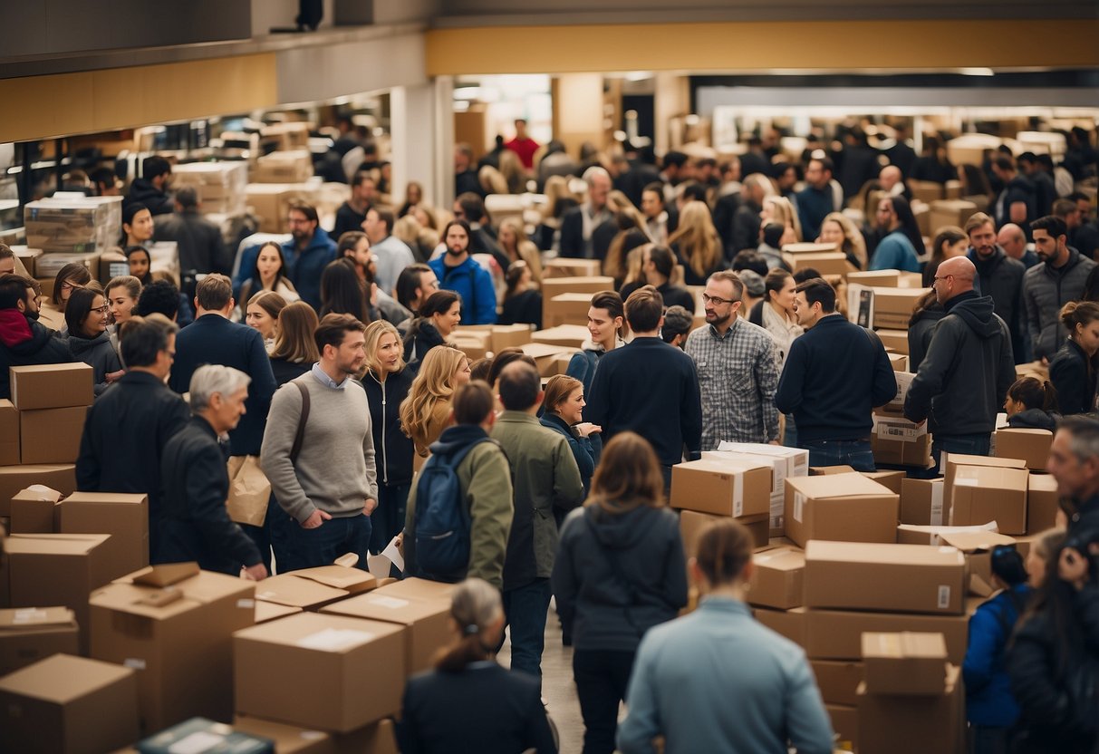 Crowds swarm around discounted furniture in a bustling store. Boxes and packaging litter the floor as customers eagerly search for deals