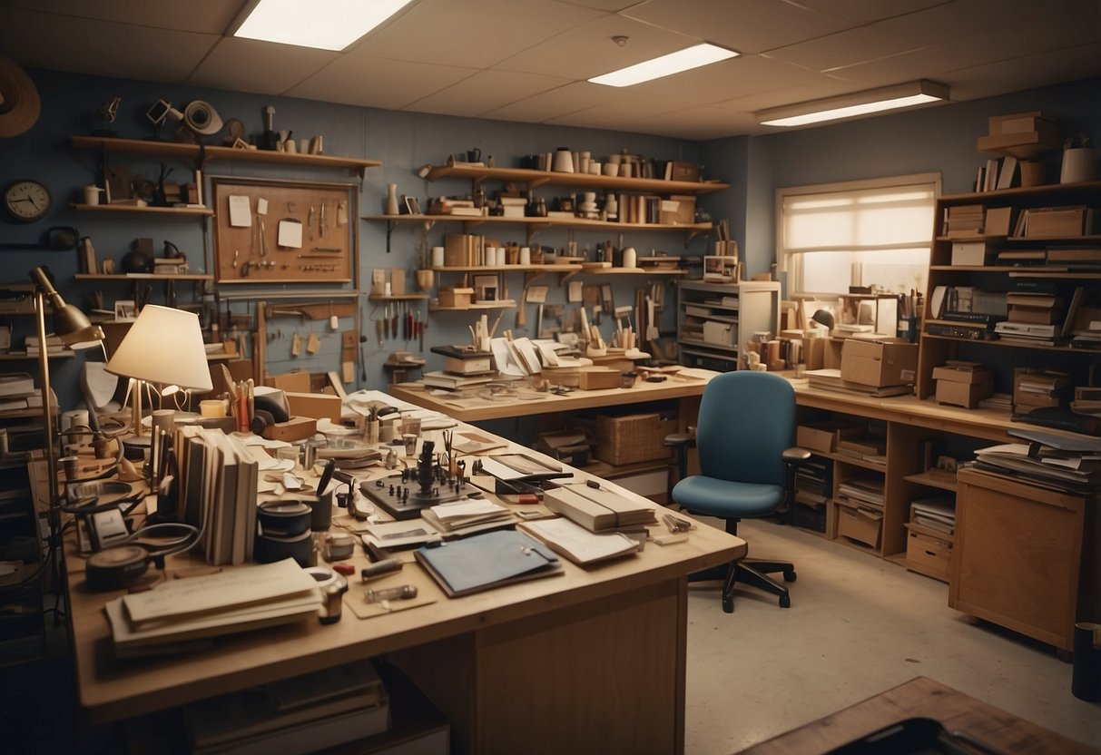 A cluttered studio, filled with mid-century modern furniture sketches and prototypes, tools scattered across the workbenches. Blueprints pinned to the walls, and shelves overflowing with design books and material samples