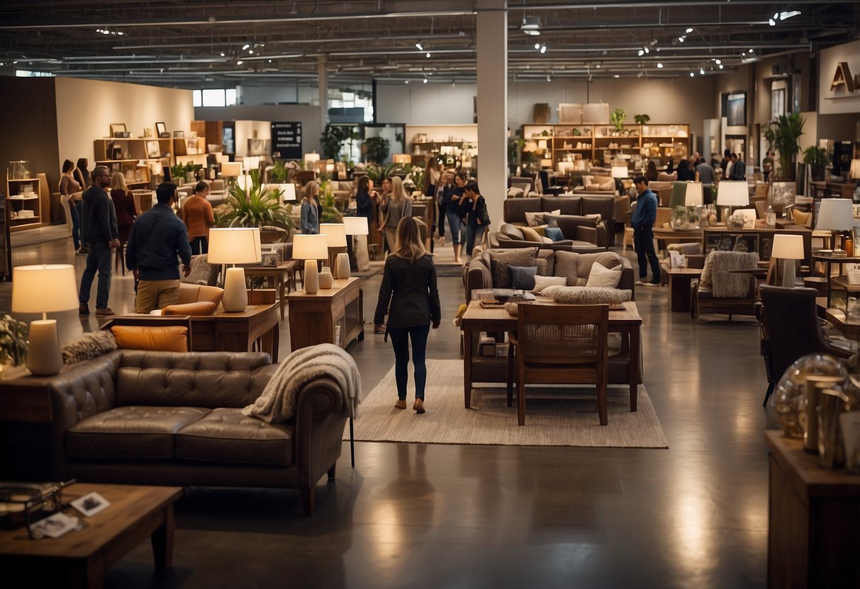 A crowded furniture store with discounted items, shoppers browsing, and sales signs displayed prominently