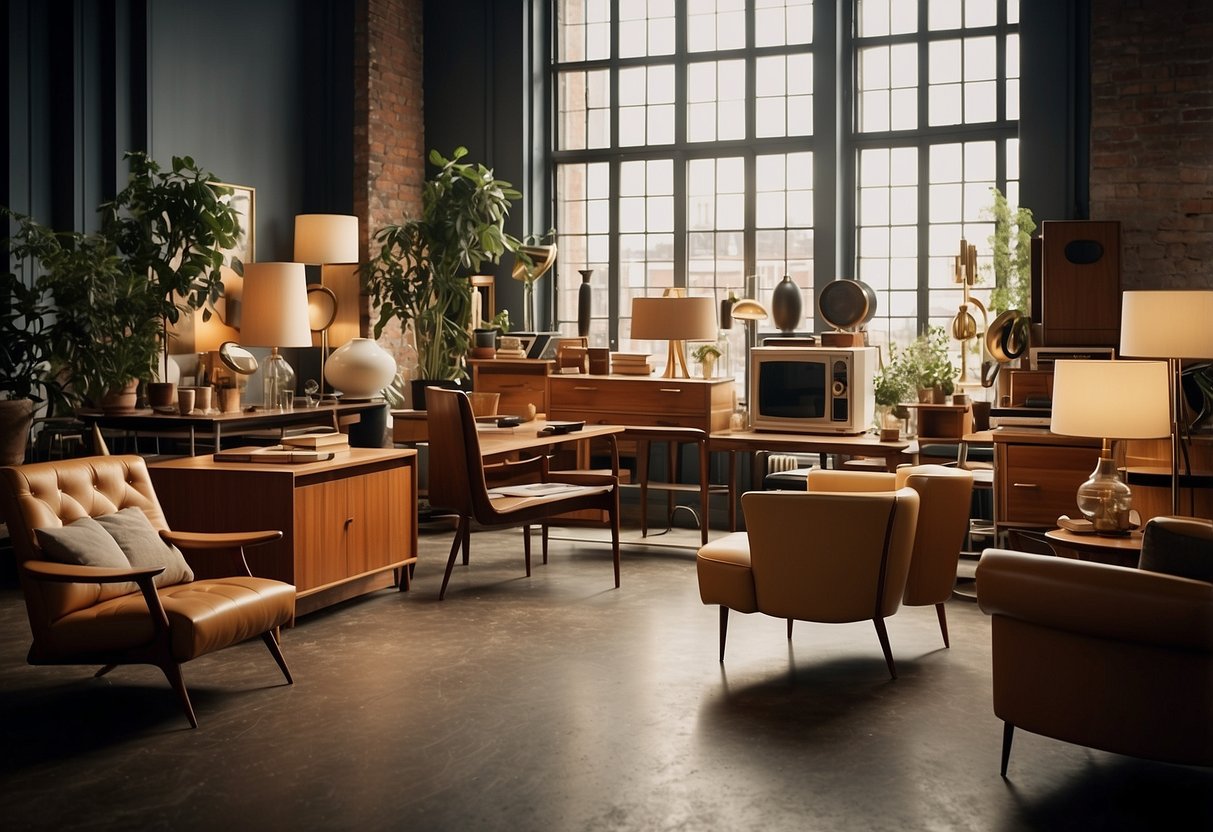 A studio filled with iconic furniture pieces by influential British designers of the 20th century. Clean lines, innovative materials, and timeless designs on display