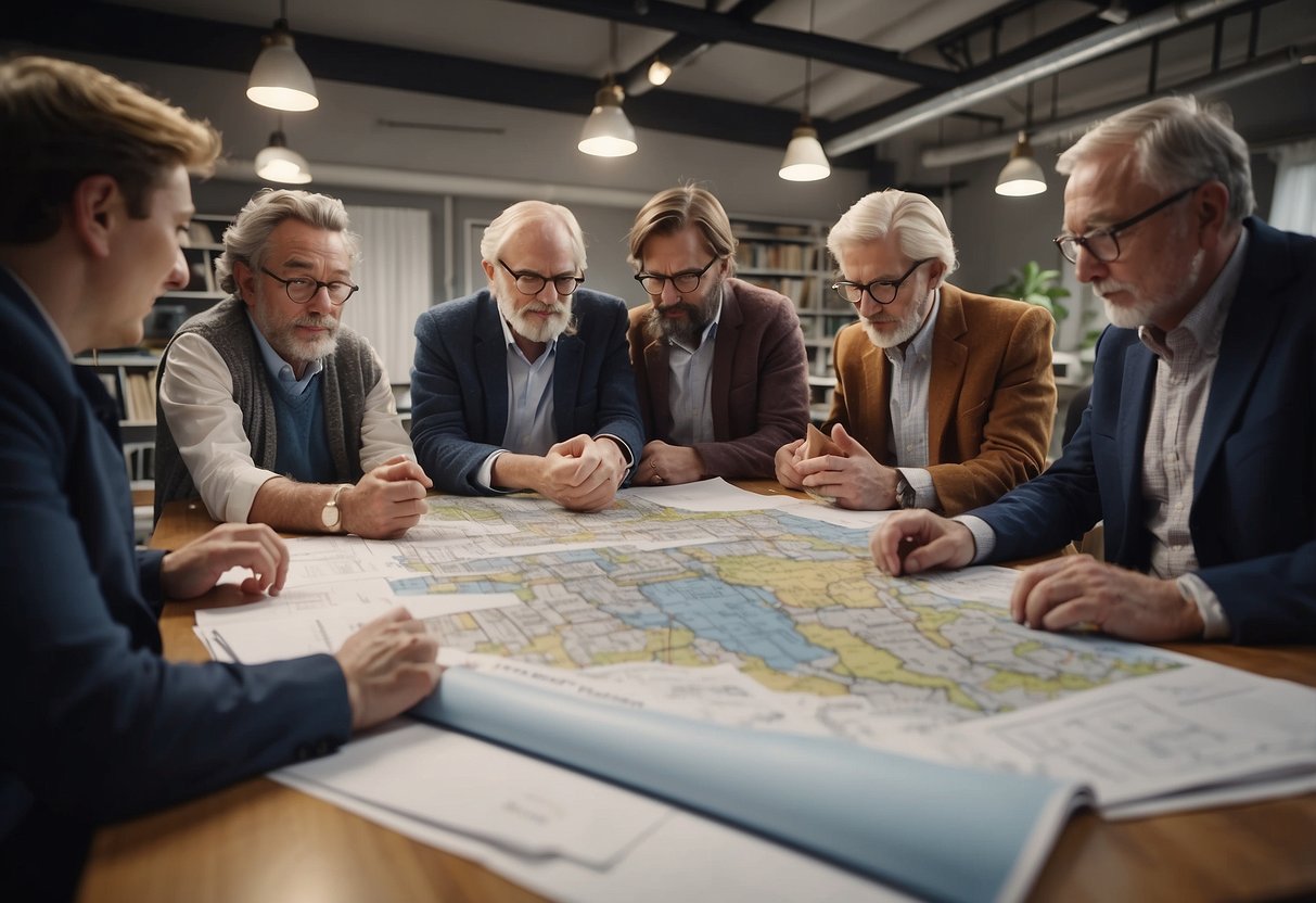 A group of British furniture designers from the 20th century gathered around a table, discussing and brainstorming ideas. Sketches and blueprints are scattered across the table, and the room is filled with creative energy