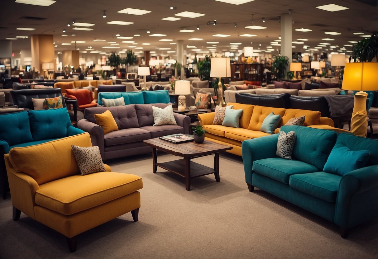 A bustling furniture store with colorful sale signs and crowded aisles on Boxing Day. Displayed items include sofas, tables, and chairs from top retailers and brands