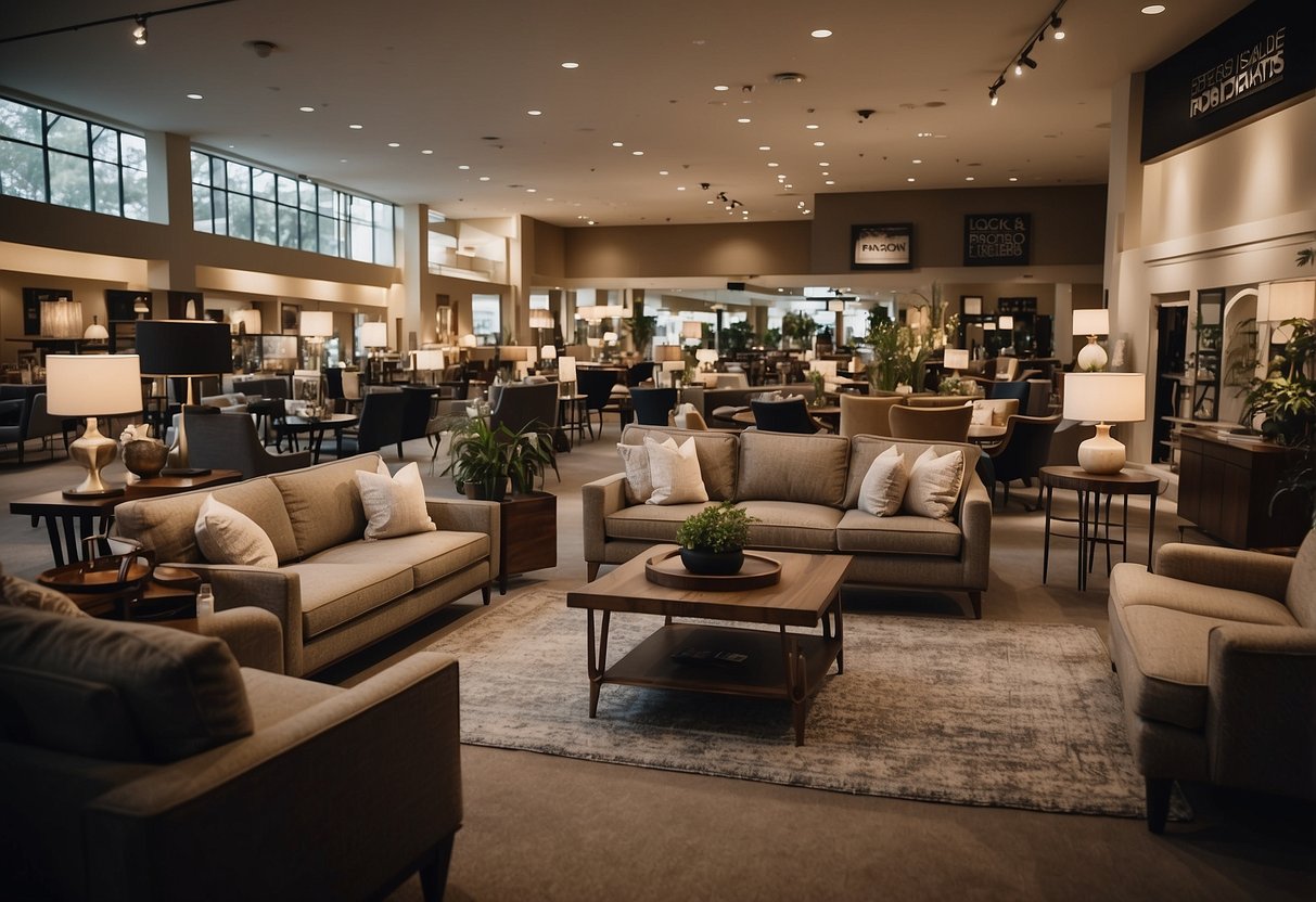A crowded furniture store with discounted items and a "Frequently Asked Questions" sign. Shoppers browse and staff assist