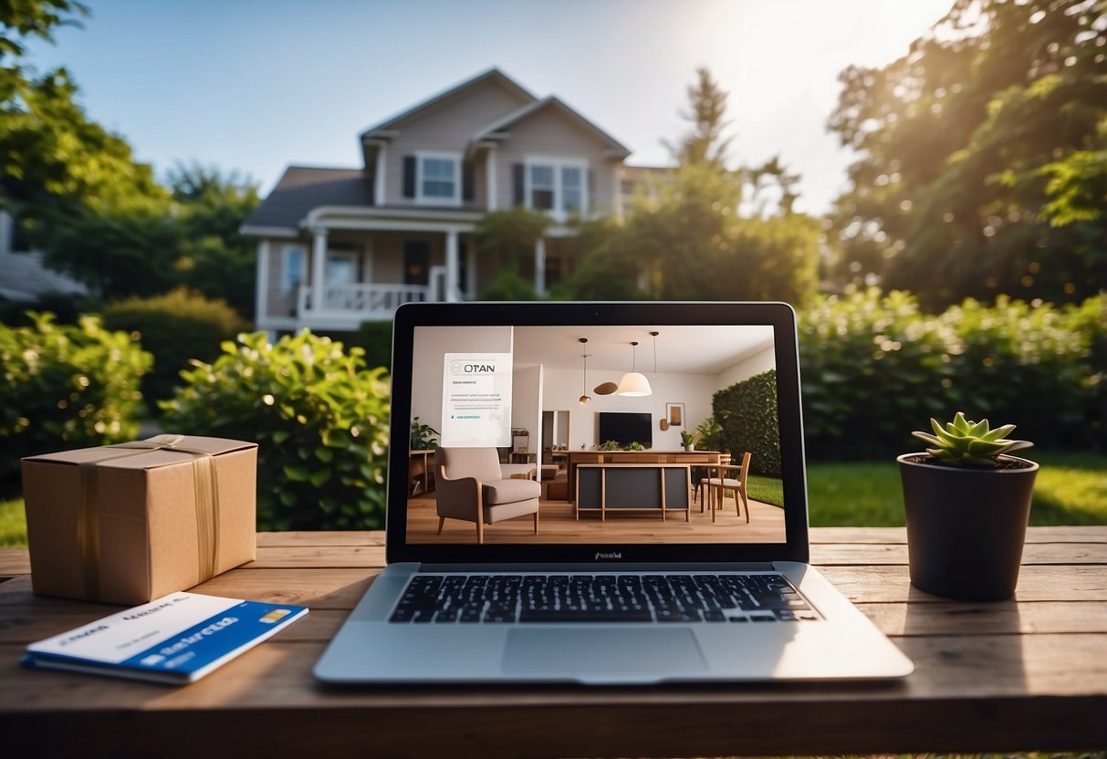 A laptop with a furniture website open, a credit card, and a delivery truck outside a house