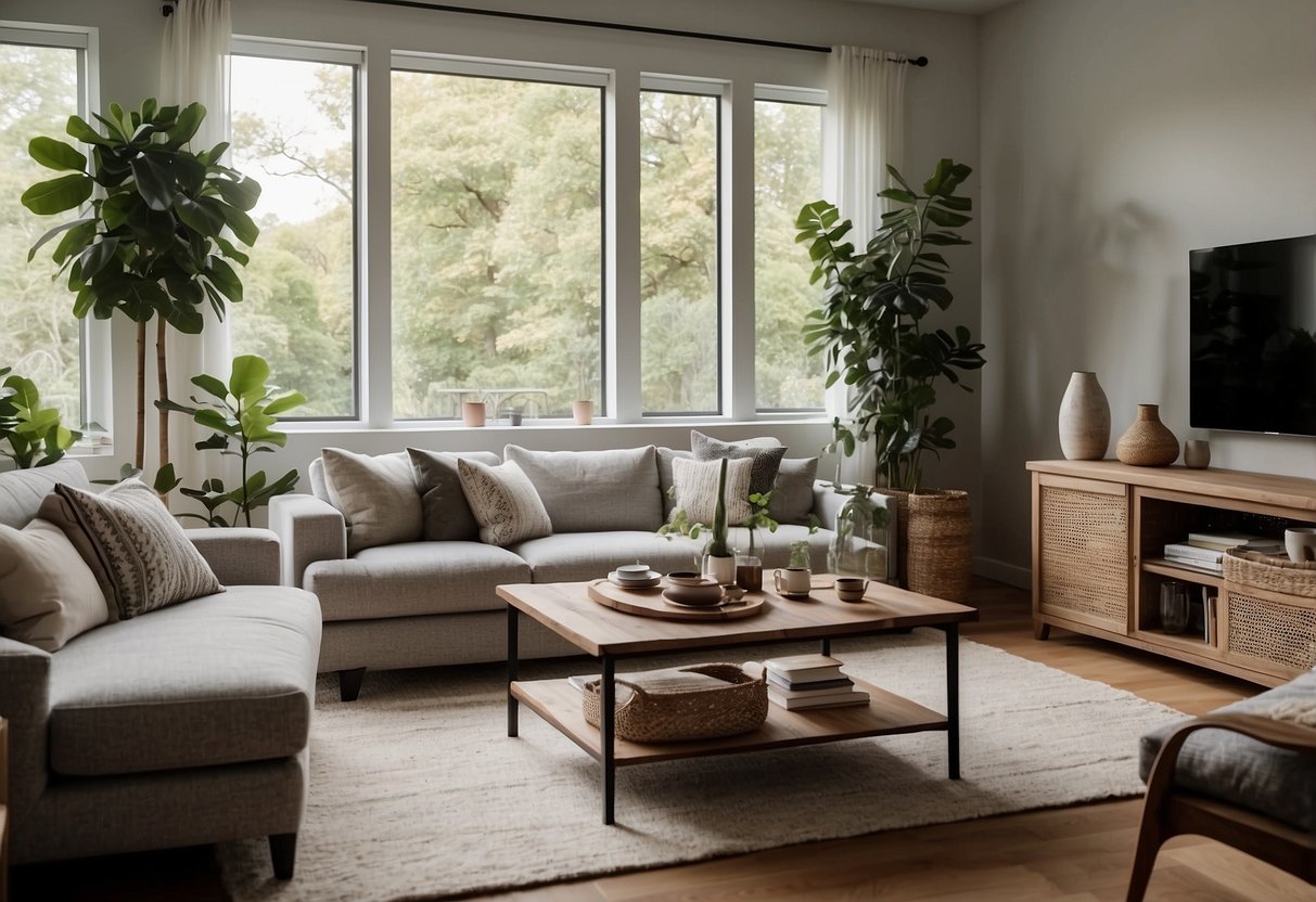 A cozy living room with a variety of bush furniture pieces arranged neatly, including a comfortable sofa, a stylish coffee table, and a sleek entertainment center