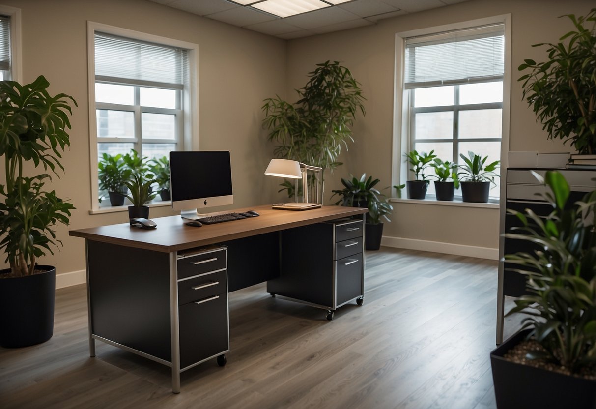 A spacious office with a Bush Furniture desk, organized with files, a computer, and a desk lamp. The desk is sturdy and stylish, blending well with the overall office decor