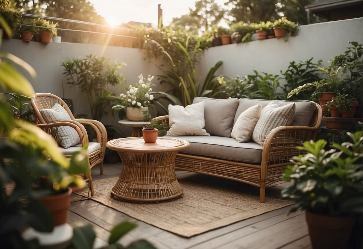 A cozy backyard patio with a set of cane outdoor furniture arranged around a low coffee table, surrounded by potted plants and a warm, inviting atmosphere