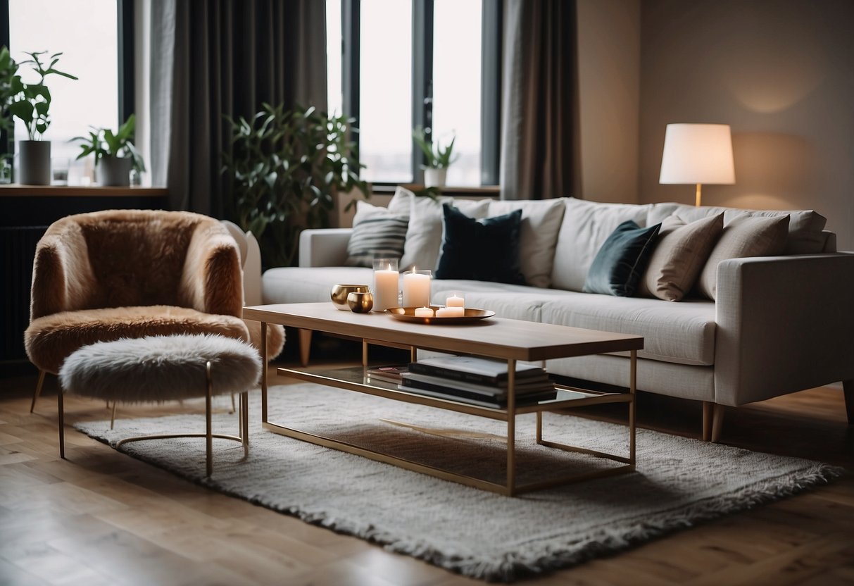A cozy living room with a modern sofa and coffee table, adorned with elegant lamps and a plush rug