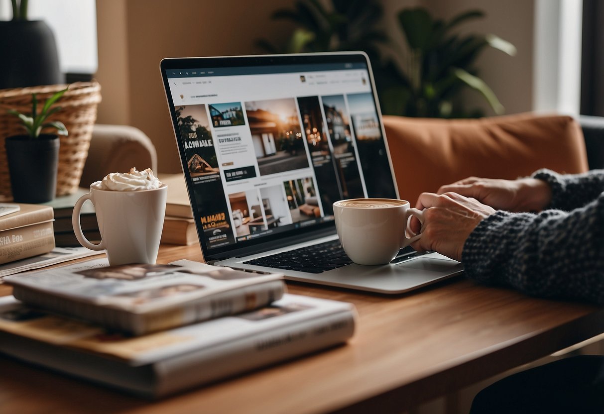 A person browsing through various furniture options on a laptop, surrounded by home decor magazines and a cup of coffee