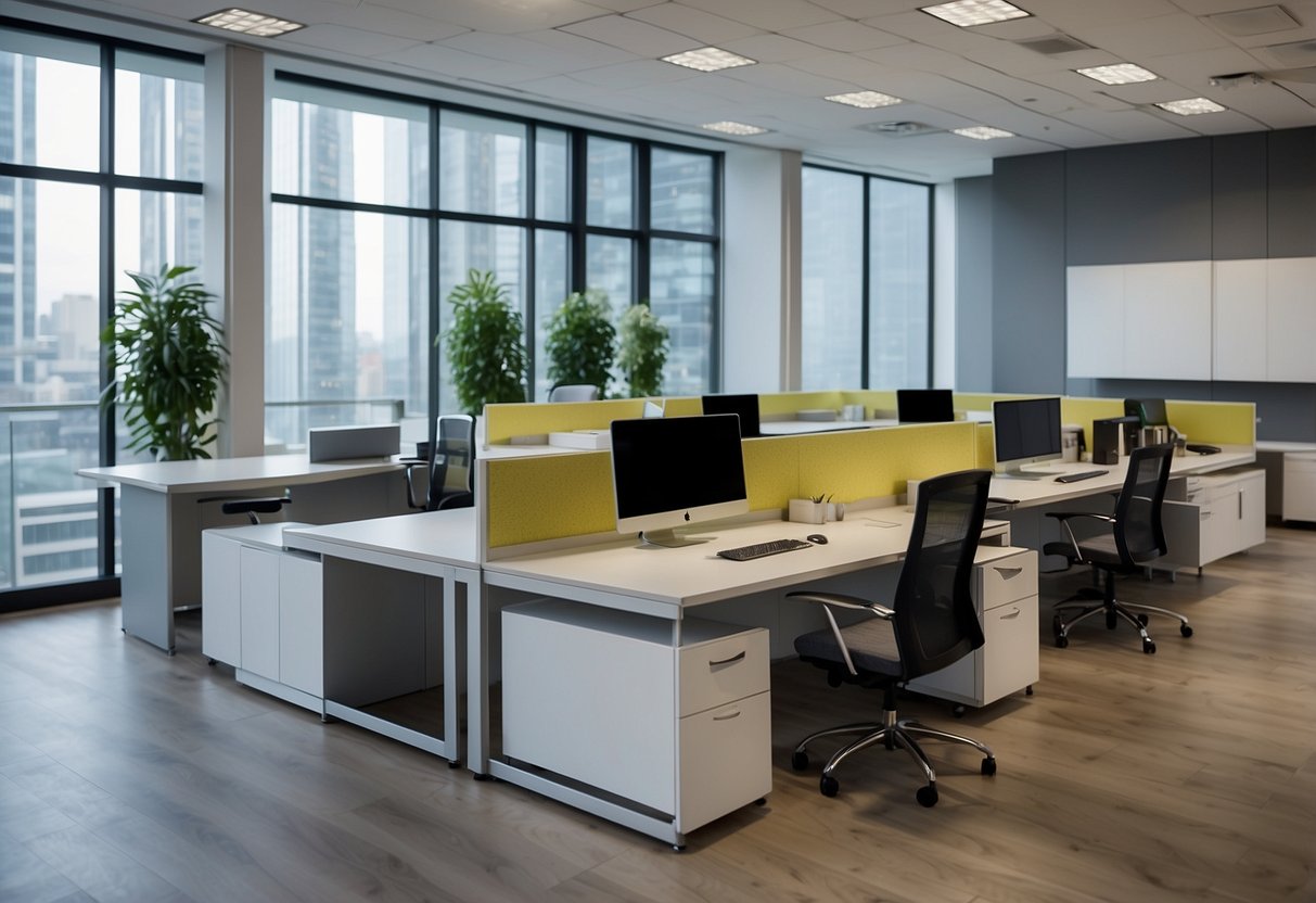 A modern office with sleek, customizable bush furniture, showcasing various design features and customization options