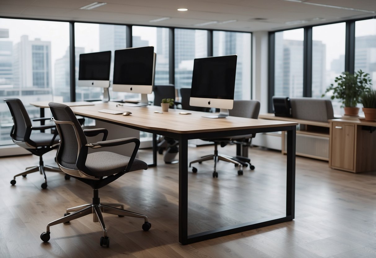 A modern office space with sleek, adjustable desks and chairs. Natural light floods the room, showcasing the ergonomic design of the furniture