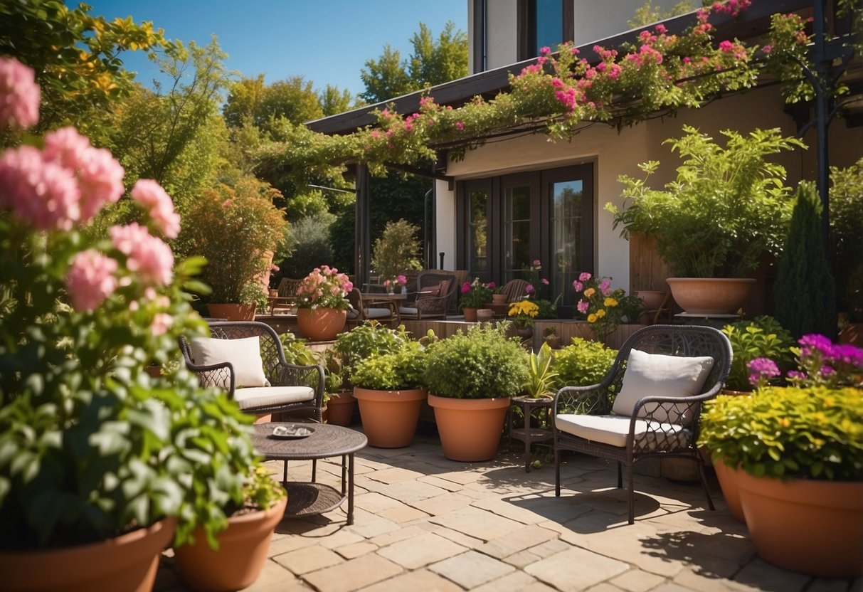 A sunny patio with cane outdoor furniture, surrounded by lush greenery and colorful flowers
