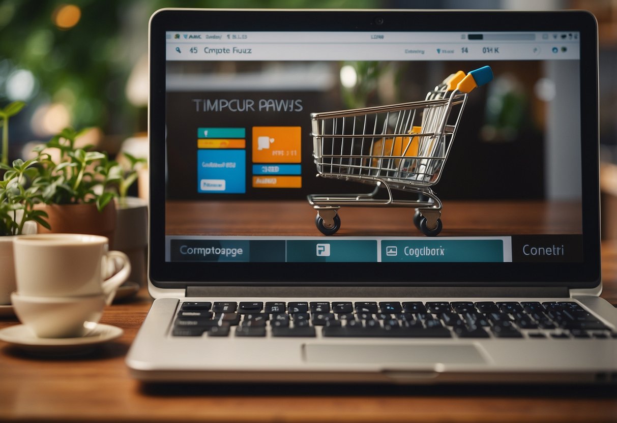 A computer screen displaying a virtual shopping cart filled with various furniture items, a credit card and a "complete purchase" button highlighted