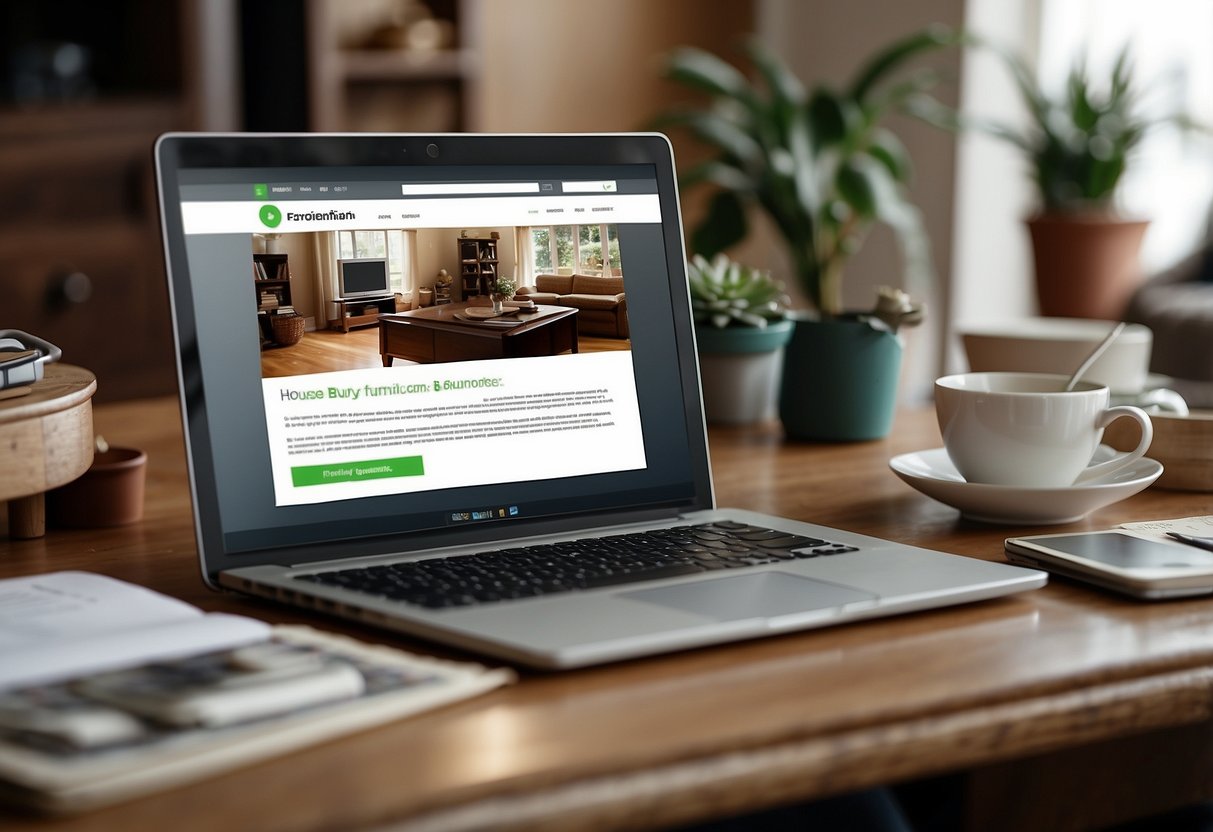 A computer screen displaying a webpage with the title "Frequently Asked Questions buy house furniture online" surrounded by various furniture items and a shopping cart icon