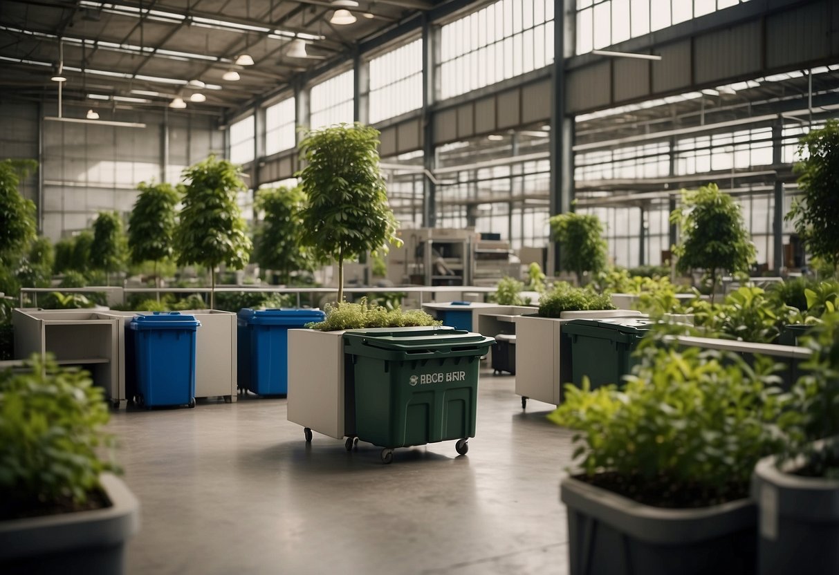 A modern furniture factory with solar panels and recycling bins, surrounded by lush greenery and a sign reading "Sustainability and Expansion."