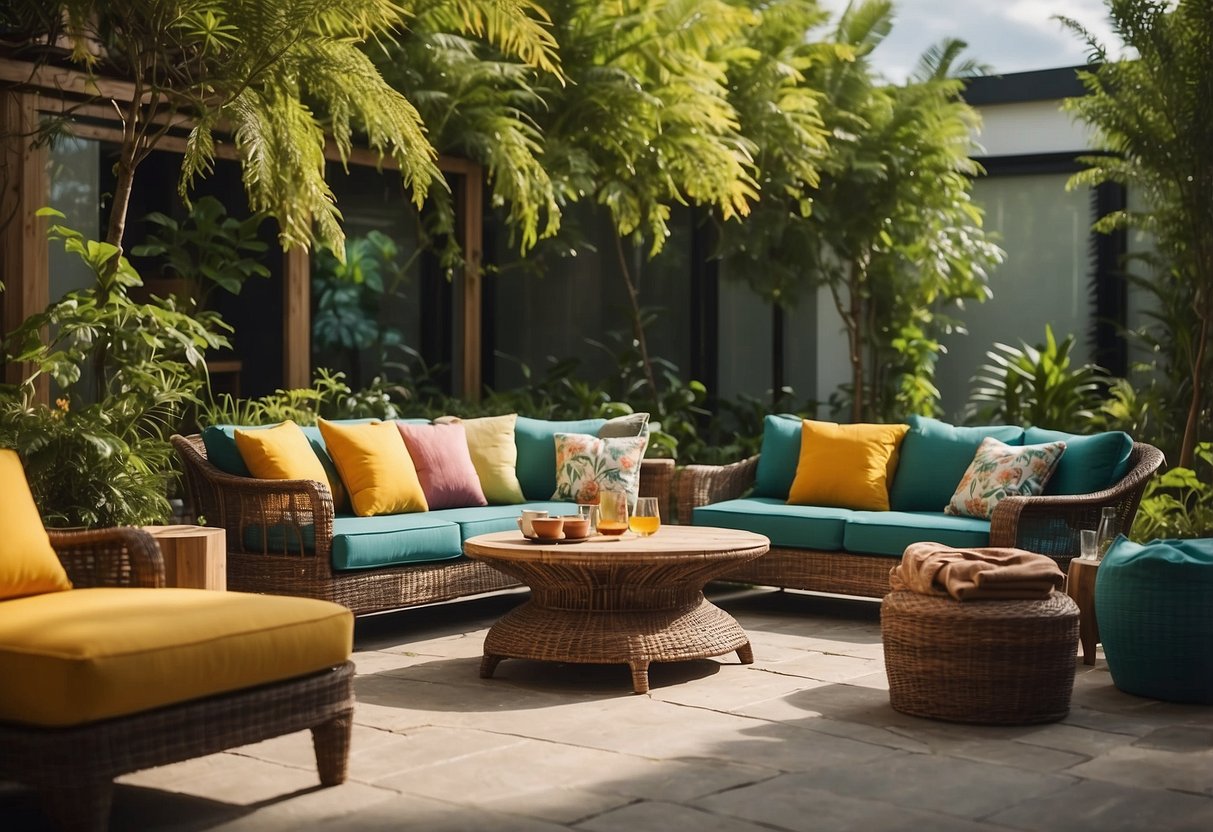 A sunny outdoor patio with a set of cane furniture arranged neatly, surrounded by lush green plants and colorful outdoor cushions
