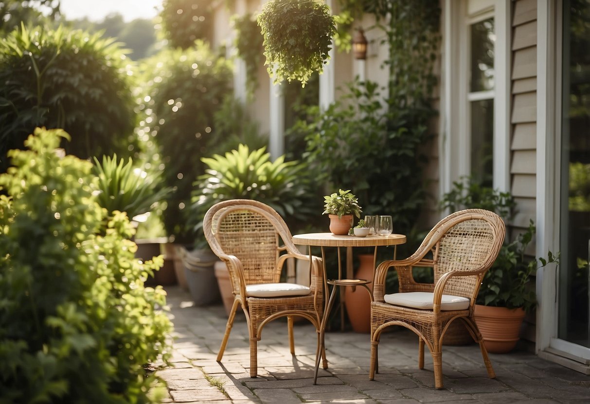 A sunny patio with a wicker chair and table, surrounded by lush green plants. A sign reads "Frequently Asked Questions: Outdoor Furniture."