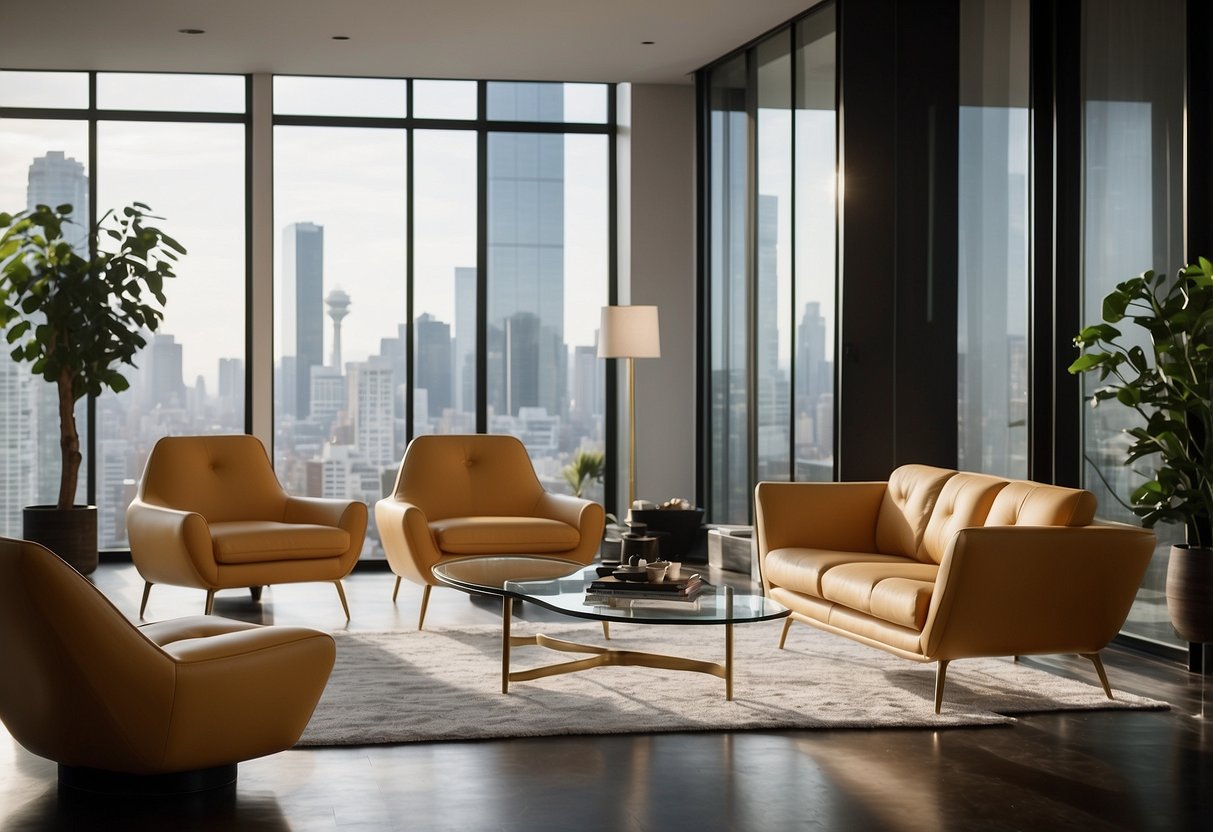 A modern living room with sleek Castelli furniture, featuring a minimalist sofa, a glass coffee table, and a statement lounge chair