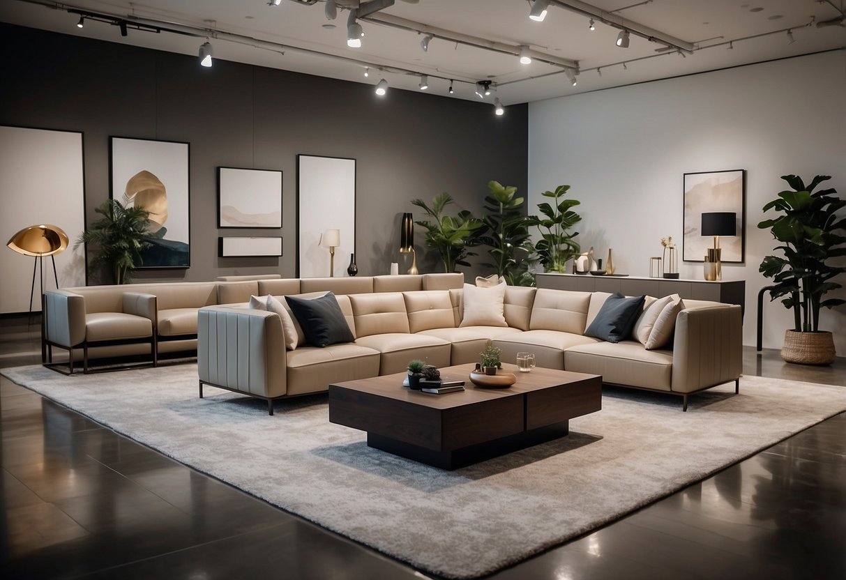 A modern showroom with sleek, minimalist furniture on display. Clean lines and neutral colors create a sophisticated and inviting atmosphere