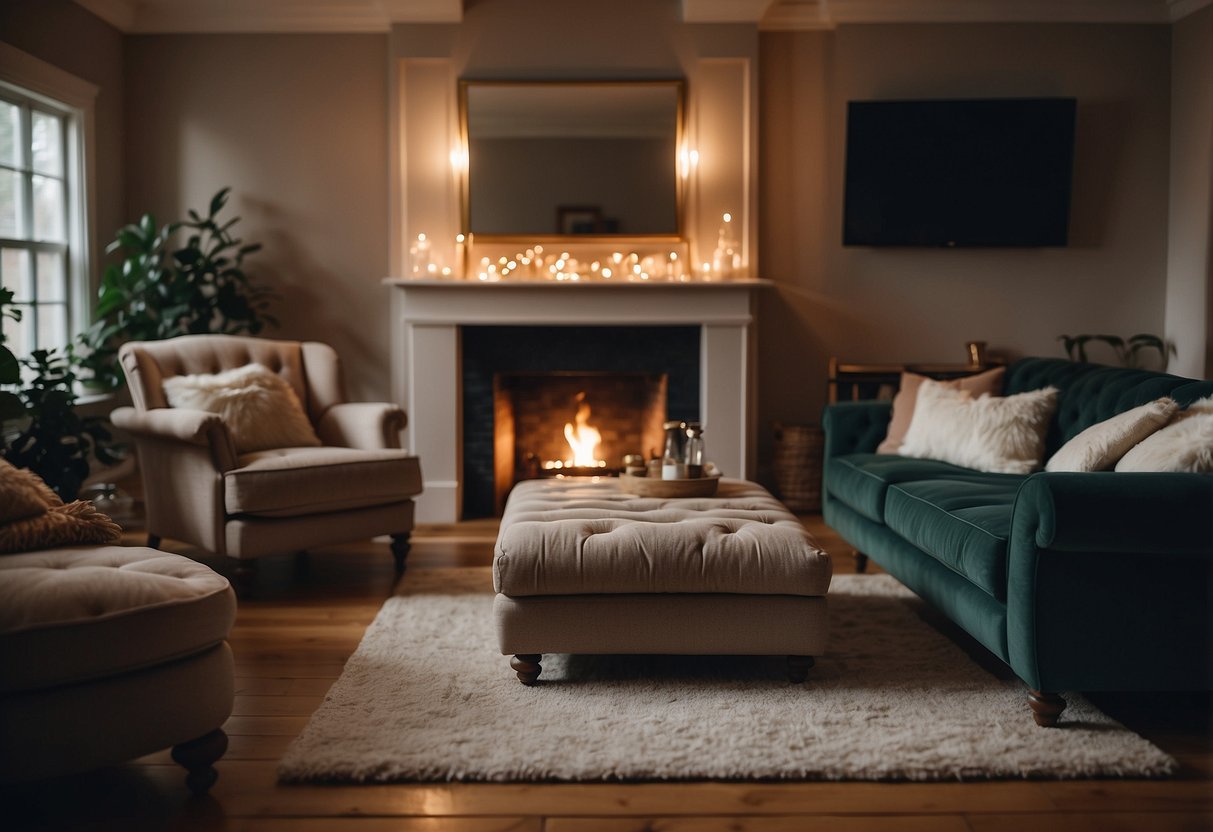 A cozy living room with a classic chesterfield sofa, a warm rug, and a crackling fireplace